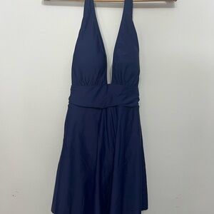 Navy Plunge Halter Swim Dress